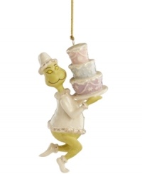 Everyone's favorite thief, the Grinch, is sneakily stealing cakes with a big smile on his face in this ornament from Lenox. Feature porcelain with gold sparkle accents and gold hanging thread. Everyone's favorite thief, the Grinch, is sneakily stealing cakes with a big smile on his face in this ornament from Lenox. Feature porcelain with gold sparkle accents and gold hanging thread.
