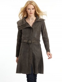 THE LOOKFold-over collarZip frontLong sleeves with zip closuresElastic waist with removable buckled beltDual slit pocketsTHE FITAbout 33 from shoulder to hemTHE MATERIALDyed shearlingCARE & ORIGINDry clean by fur specialistImportedFur origin: China THE LOOKFold-over collarZip frontLong sleeves with zip closuresElastic waist with removable buckled beltDual slit pocketsTHE FITAbout 33 from shoulder to hemTHE MATERIALDyed shearlingCARE & ORIGINDry clean by fur specialistImportedFur origin: China