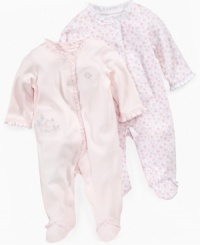 Keep her cozy all the way to her toes in an adorable footed coverall from this Little Me 2-pack. Keep her cozy all the way to her toes in an adorable footed coverall from this Little Me 2-pack.