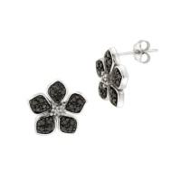 Sterling Silver Black-Diamond Flower Earrings