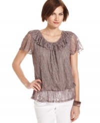 Ruffled tiers of lace add romantic charm to this top from Style&co. Easy and elegant, it's a great option for a date night! Ruffled tiers of lace add romantic charm to this top from Style&co. Easy and elegant, it's a great option for a date night!