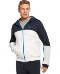 Keep dry as you dash in the rain wearing this water resistant hoodie by Nike. Keep dry as you dash in the rain wearing this water resistant hoodie by Nike.