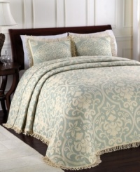The All Over Brocade bedspread exudes a traditional appeal with a beautifully woven pattern and decorative fringe along the edges. Choose from four timeless colorways. The All Over Brocade bedspread exudes a traditional appeal with a beautifully woven pattern and decorative fringe along the edges. Choose from four timeless colorways.