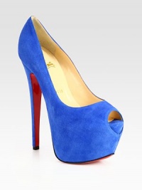Ultra-high peep toe pump in buttery Italian suede. Self-covered heel, 6¼ (160mm)Covered platform, 2½ (65mm)Compares to a 3¾ heel, (95mm)Suede upperPeep toeLeather liningSignature red leather solePadded insoleMade in Italy Ultra-high peep toe pump in buttery Italian suede. Self-covered heel, 6¼ (160mm)Covered platform, 2½ (65mm)Compares to a 3¾ heel, (95mm)Suede upperPeep toeLeather liningSignature red leather solePadded insoleMade in Italy