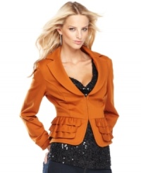What enhances INC's pretty peplum jacket? Rows of ruffles for even more feminine flair! What enhances INC's pretty peplum jacket? Rows of ruffles for even more feminine flair!