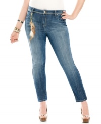 Take your casual style to new heights with Baby Phat's plus size skinny jeans, featuring a cropped design and feather accent. Take your casual style to new heights with Baby Phat's plus size skinny jeans, featuring a cropped design and feather accent.