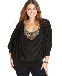 Look party-perfect with Baby Phat's draped plus size top, showcasing a beaded inset. Look party-perfect with Baby Phat's draped plus size top, showcasing a beaded inset.
