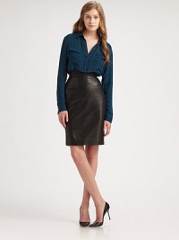 Pleated waistband and a back vent enhance this high-waisted skirt of shimmering leather. Pleated waistbandInvisible back zipperBack ventAbout 25 longLeatherDry clean with leather specialistMade in USA of Italian fabricModel shown is 5'11 (178cm) wearing US size 2. Pleated waistband and a back vent enhance this high-waisted skirt of shimmering leather. Pleated waistbandInvisible back zipperBack ventAbout 25 longLeatherDry clean with leather specialistMade in USA of Italian fabricModel shown is 5'11 (178cm) wearing US size 2.