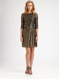 Luxurious metallic lace, finished with scalloped edges and tailored with an alluring V back.BoatneckThree-quarter sleevesSkirt pleatsScalloped edgesV back with concealed zipFully linedAbout 22 from natural waistCotton/nylon/rayonDry cleanMade in USA of imported fabricModel shown is 5'10 (177cm) wearing US size 4. Luxurious metallic lace, finished with scalloped edges and tailored with an alluring V back.BoatneckThree-quarter sleevesSkirt pleatsScalloped edgesV back with concealed zipFully linedAbout 22 from natural waistCotton/nylon/rayonDry cleanMade in USA of imported fabricModel shown is 5'10 (177cm) wearing US size 4.
