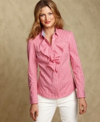 Tommy Hilfiger's crisp gingham-plaid shirt awakens your wardrobe. Pair it with white jeans for an unexpected take on cool-weather style. Tommy Hilfiger's crisp gingham-plaid shirt awakens your wardrobe. Pair it with white jeans for an unexpected take on cool-weather style.