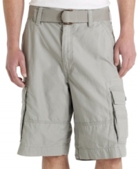 A belt at the waist gives these relaxed fit cargo shorts from Levi's plenty of casual style. A belt at the waist gives these relaxed fit cargo shorts from Levi's plenty of casual style.