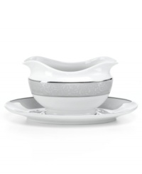 With a soft gray border, embellished by an intricate scroll design and two platinum bands, this gravy boat is a perfectly elegant serving accessory. From Mikasa's dinnerware and dishes collection. With a soft gray border, embellished by an intricate scroll design and two platinum bands, this gravy boat is a perfectly elegant serving accessory. From Mikasa's dinnerware and dishes collection.