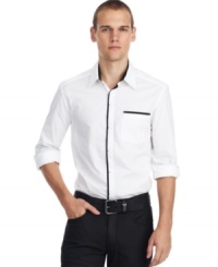 This Kenneth Cole Reaction button down has satin accents to give it a dressy and dashing style. This Kenneth Cole Reaction button down has satin accents to give it a dressy and dashing style.
