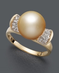 Indulge in luscious gold tones and glitter. This beautiful ring highlights a gold cultured South Sea pearl (10-11 mm) with sparkling round-cut diamonds at the shoulders (1/8 ct. t.w.). Set in 14k gold. Indulge in luscious gold tones and glitter. This beautiful ring highlights a gold cultured South Sea pearl (10-11 mm) with sparkling round-cut diamonds at the shoulders (1/8 ct. t.w.). Set in 14k gold.