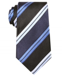 Get a clean look that easily pairs with anything in this double-striped tie from Alfani. Get a clean look that easily pairs with anything in this double-striped tie from Alfani.