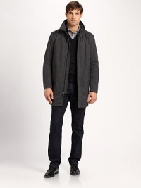 Leather elbow patches lends a fresh energy and a dapper finish to an outerwear essential tailored to fit seamlessly over your polished wardrobe essentials.Zip frontSnap button placketSide slash pocketsFully linedAbout 36 from shoulder to hem82% nylon/18% polyesterDry cleanImported Leather elbow patches lends a fresh energy and a dapper finish to an outerwear essential tailored to fit seamlessly over your polished wardrobe essentials.Zip frontSnap button placketSide slash pocketsFully linedAbout 36 from shoulder to hem82% nylon/18% polyesterDry cleanImported