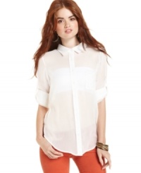 Chic and sheer, this button-down top from American Rag features roll tab sleeves and loads of clean-cut style! Chic and sheer, this button-down top from American Rag features roll tab sleeves and loads of clean-cut style!