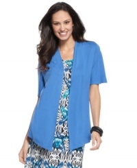 JM Collection's petite layered look top features a printed inset and a solid, open-front outer layer for a breezy and easy look. (Clearance) JM Collection's petite layered look top features a printed inset and a solid, open-front outer layer for a breezy and easy look. (Clearance)