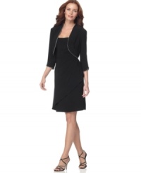 Add a bit of sparkle to your style in this refined rhinestone-edged dress and bolero from Alex Evenings' collection of petite apparel. Add a bit of sparkle to your style in this refined rhinestone-edged dress and bolero from Alex Evenings' collection of petite apparel.
