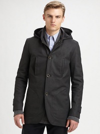 Whether because of its convenient hood, multiple pockets or timeless elbow patches, this coat will garner compliments.Attached hoodButton closureFront zipperElbow patchesWelt and slash pocketsBack ventAbout 31 from shoulder to hemCotton; cotton liningDry cleanMade in Italy