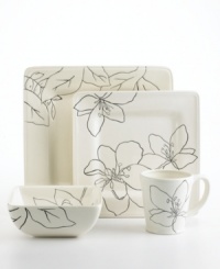 Sprawling black and white flowers lend your tabletop a modern sensibility. With a blend of hand-painted florals and contemporary design, the white dinnerware and dishes from Laurie Gates' Anna square 4-piece place settings are crafted to enhance your decor at special occasions or quiet nights at home. Sprawling black and white flowers lend your tabletop a modern sensibility. With a blend of hand-painted florals and contemporary design, the white dinnerware and dishes from Laurie Gates' Anna square 4-piece place settings are crafted to enhance your decor at special occasions or quiet nights at home.