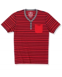 Red hot. You'll stand out with this half-button v-neck shirt, with a bold striped pattern, from American Rag. Red hot. You'll stand out with this half-button v-neck shirt, with a bold striped pattern, from American Rag.