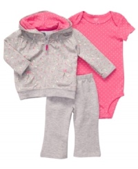 Watch her smile blossom when she's in this comfortable and cute bodysuit, hoodie and pant 3-piece set from Carter's. Watch her smile blossom when she's in this comfortable and cute bodysuit, hoodie and pant 3-piece set from Carter's.