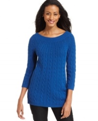 Charter Club's easy cable-knit sweater features a longer length for an ultra-flattering fit. Try it with skinny black pants. Charter Club's easy cable-knit sweater features a longer length for an ultra-flattering fit. Try it with skinny black pants.
