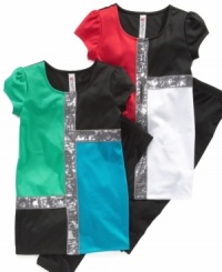 A mash-up of mod and disco. This colorblock tunic and stretchy legging set from Beautees will be her go-to for a bold fashion statement. A mash-up of mod and disco. This colorblock tunic and stretchy legging set from Beautees will be her go-to for a bold fashion statement.