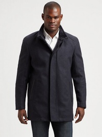 Incorporate this mid length wool-blend coat into your wardrobe of suiting separates and casual staples; Accented with leather trim, removable genuine shearling collar and a covered front button placket for a streamlined silhouette.Zip frontSide slash pocketsRear ventFully linedAbout 32 from shoulder to hem80% wool/20% polyamideDry cleanImported of Italian fabricFur origin: Portugal Incorporate this mid length wool-blend coat into your wardrobe of suiting separates and casual staples; Accented with leather trim, removable genuine shearling collar and a covered front button placket for a streamlined silhouette.Zip frontSide slash pocketsRear ventFully linedAbout 32 from shoulder to hem80% wool/20% polyamideDry cleanImported of Italian fabricFur origin: Portugal