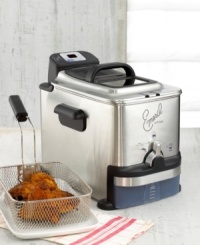 Designed to out-fry all others, Emeril's stainless steel deep fryer heats oil super hot for foods crispier and more flavorful than you've ever dreamt possible. Extremely easy to handle, this smart appliance automatically filters, drains and stores the oil, keeping it clean for long-lasting use and healthier frying. An indicator light lets you know when it's finally time to change the oil. One-year limited warranty. Designed to out-fry all others, Emeril's stainless steel deep fryer heats oil super hot for foods crispier and more flavorful than you've ever dreamt possible. Extremely easy to handle, this smart appliance automatically filters, drains and stores the oil, keeping it clean for long-lasting use and healthier frying. An indicator light lets you know when it's finally time to change the oil. One-year limited warranty.
