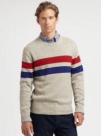 Multicolored, double stripes are a smart, sophisticated approach to patriotic-inspired style. .CrewneckRibbed knit collar, cuffs and hem60% cotton/30% polyamide/10% woolDry cleanImported Multicolored, double stripes are a smart, sophisticated approach to patriotic-inspired style. .CrewneckRibbed knit collar, cuffs and hem60% cotton/30% polyamide/10% woolDry cleanImported