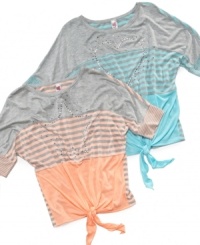 Fun and trendy horizontal stripe tee with stylish tie front by Beautees. Fun and trendy horizontal stripe tee with stylish tie front by Beautees.