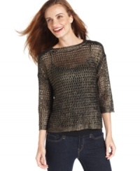 Glam up your look with Ellen Tracy's crocheted sweater, complete with a metallic coating - so chic. Glam up your look with Ellen Tracy's crocheted sweater, complete with a metallic coating - so chic.