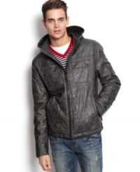 Make a racket with this hip hooded jacket from Guess. Make a racket with this hip hooded jacket from Guess.