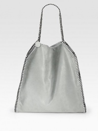 This slouchy faux suede look embellished with metal chains and a signature logo tag, is both sassy and chic.Shoulder chains, 9 drop Snap top closure One inside zip pocket Two inside open pockets Inside removable pouchette Signature logo printed nylon lining Polyester 16W X 18H X 3½D Made in Italy This slouchy faux suede look embellished with metal chains and a signature logo tag, is both sassy and chic.Shoulder chains, 9 drop Snap top closure One inside zip pocket Two inside open pockets Inside removable pouchette Signature logo printed nylon lining Polyester 16W X 18H X 3½D Made in Italy