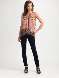 Wondrously woven chiffon top in a breathtaking filigree print with front gathering and a hi-lo hem. RoundneckSleevelessSplit hi-lo hemBack button closurePolyesterDry cleanMade in USA of imported fabricModel shown is 5'10 (177cm) wearing US size Small. Wondrously woven chiffon top in a breathtaking filigree print with front gathering and a hi-lo hem. RoundneckSleevelessSplit hi-lo hemBack button closurePolyesterDry cleanMade in USA of imported fabricModel shown is 5'10 (177cm) wearing US size Small.