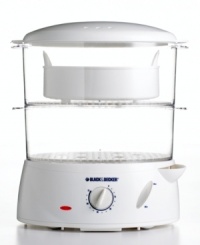 Healthy living starts with smart cooking. Black & Decker's food steamer makes it easy to eat healthier, bringing low-fat, flavorful dishes to your dining table. It even infuses food with seasoning simply by placing herbs or spices in the innovative Flavor Scenter®. One-year warranty. Model HS1050. Healthy living starts with smart cooking. Black & Decker's food steamer makes it easy to eat healthier, bringing low-fat, flavorful dishes to your dining table. It even infuses food with seasoning simply by placing herbs or spices in the innovative Flavor Scenter®. One-year warranty. Model HS1050.