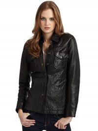 THE LOOKPoint collarSnap frontChest snap flap pocketsSnap cuffsTHE FITAbout 26½ from shoulder to hemTHE MATERIALLeatherFully linedCARE & ORIGINDry clean by a leather specialistImportedModel shown is 5'11 (180cm) wearing US size Small. THE LOOKPoint collarSnap frontChest snap flap pocketsSnap cuffsTHE FITAbout 26½ from shoulder to hemTHE MATERIALLeatherFully linedCARE & ORIGINDry clean by a leather specialistImportedModel shown is 5'11 (180cm) wearing US size Small.