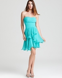 This vibrant Max & Cleo strapless dress flaunts a flouncy, layered skirt perfect for the dance floor.