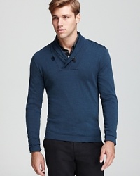 Reinforce your look with this handsome shawl collar design, a sweater that honors your strong build. From John Varvatos USA LUXE. Reinforce your look with this handsome shawl collar design, a sweater that honors your strong build. From John Varvatos USA LUXE.