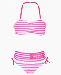 She'll be a striped standout in this sweet halter bikini from Guess. She'll be a striped standout in this sweet halter bikini from Guess.