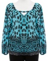 Shiloh Aqua Chiffon Animal Print Smocked Long Sleeve Shirt Top Small