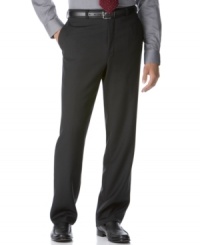 A sleek counterpoint to any dressed-up look, these flat front Calvin Klein pants make a great choice for a modern guy. A sleek counterpoint to any dressed-up look, these flat front Calvin Klein pants make a great choice for a modern guy.