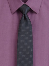 A wardrobe essential for the polished professional, rendered in Italian silk and finished with a contrasting dot pattern.About 2½ wideSilkDry cleanMade in USA of Italian fabric A wardrobe essential for the polished professional, rendered in Italian silk and finished with a contrasting dot pattern.About 2½ wideSilkDry cleanMade in USA of Italian fabric