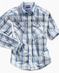For the perfect sunny day look, he can throw on this crisp plaid shirt from Tommy Hilfiger. For the perfect sunny day look, he can throw on this crisp plaid shirt from Tommy Hilfiger.