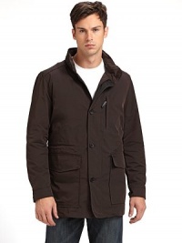 THE LOOKStand-up collarConcealed drawstring hood in collar with zip closureFront concealed zip closure with button placketLong button cuff sleevesChest zip pocketFront flap snap pocketsRemovable down vest linerInterior zip pocket and drawstring detailTHE FITAbout 32 from shoulder to hemTHE MATERIALShell: PolyesterFill: 80% down/20% feathersFully linedCARE & ORIGINMachine washImported THE LOOKStand-up collarConcealed drawstring hood in collar with zip closureFront concealed zip closure with button placketLong button cuff sleevesChest zip pocketFront flap snap pocketsRemovable down vest linerInterior zip pocket and drawstring detailTHE FITAbout 32 from shoulder to hemTHE MATERIALShell: PolyesterFill: 80% down/20% feathersFully linedCARE & ORIGINMachine washImported