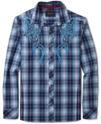 Attractive plaid shirt with unique contrast design on front by Ring of Fire. Attractive plaid shirt with unique contrast design on front by Ring of Fire.