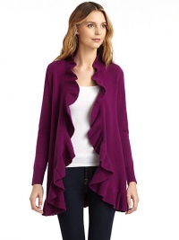 THE LOOKLuxe 2-ply cashmere from expertly maintained inner Mongolian cashmere goatsFeatures long, fine, smooth fibers top-dyed for maximum color saturationRuffled placketOpen frontLong sleevesRuffled hemTHE FITAbout 28 from shoulder to hemTHE MATERIALCashmereCARE & ORIGINDry cleanImportedModel shown is 5'10 (177cm) wearing US size Small. This item was originally available for purchase at Saks Fifth Avenue OFF 5TH stores. THE LOOKLuxe 2-ply cashmere from expertly maintained inner Mongolian cashmere goatsFeatures long, fine, smooth fibers top-dyed for maximum color saturationRuffled placketOpen frontLong sleevesRuffled hemTHE FITAbout 28 from shoulder to hemTHE MATERIALCashmereCARE & ORIGINDry cleanImportedModel shown is 5'10 (177cm) wearing US size Small. This item was originally available for purchase at Saks Fifth Avenue OFF 5TH stores.