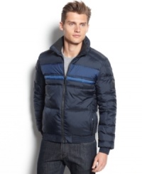 Fitted colorblocked jacket by Calvin Klein to keep you comfortably warm when the weather starts to dip. Fitted colorblocked jacket by Calvin Klein to keep you comfortably warm when the weather starts to dip.